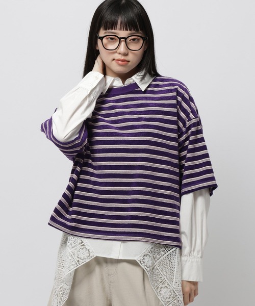 niko and...（ニコアンド）の「パイルボーダーTシャツ（Tシャツ/カットソー・レディース・パープル/ネイビー・LARGE/MEDIUM）」の6枚目の写真