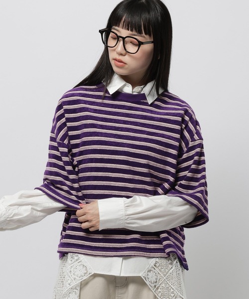 niko and...（ニコアンド）の「パイルボーダーTシャツ（Tシャツ/カットソー・レディース・パープル/ネイビー・LARGE/MEDIUM）」の7枚目の写真