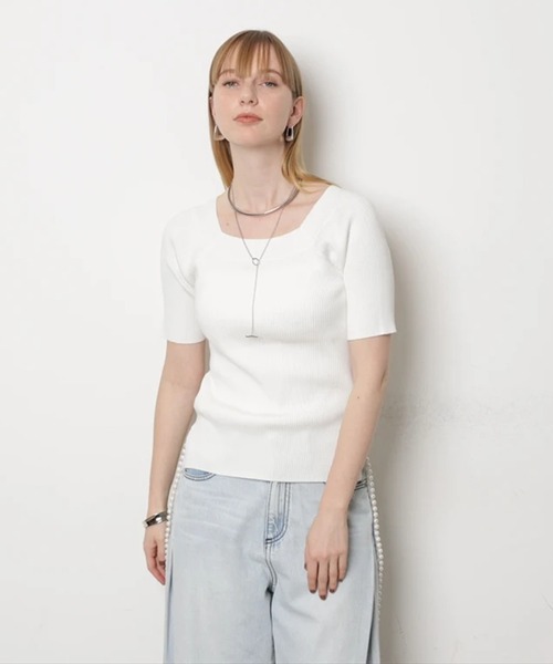 CADUNE（カデュネ）の「ハーフスリーブデコルテニット（ニット/セーター・レディース・ブラック/ピンクベージュ/グリーン系その他/グリーン/ホワイト・38）」の13枚目の写真