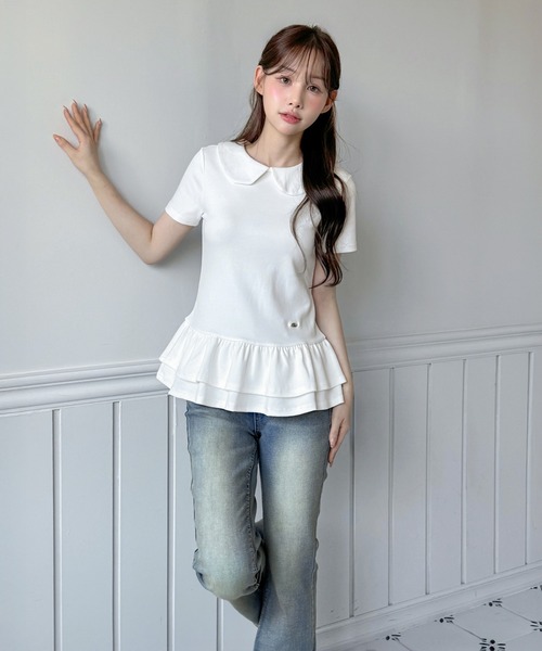by muni:r(バイ ムニール)の「【by muni:r LOGO】カラーフリルペプラムTシャツ(Tシャツ/カットソー・レディース・ホワイト/ブラック・FREE)」の10枚目の写真