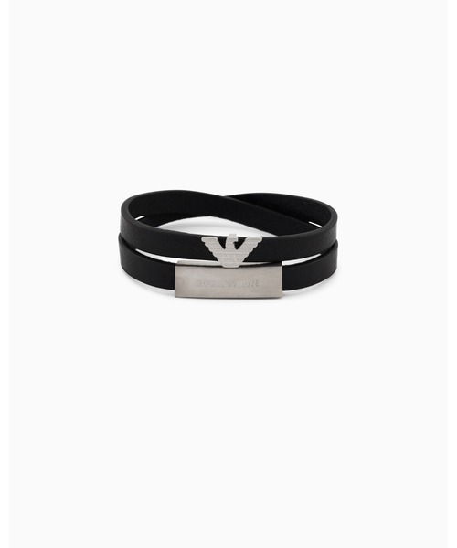 Emporio Armani IDブレスレット ガンメタル レザー ブラック エンポリオ アルマーニ】IDブレスレット レザー（ブレスレット