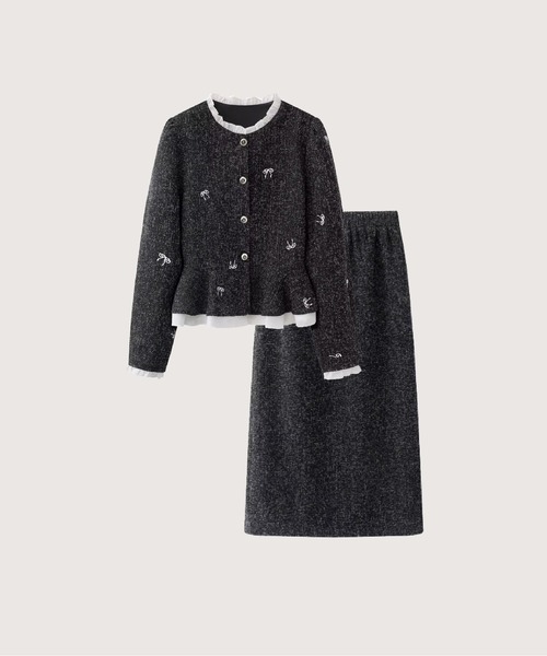 LA POMME petit(ラポミ・プチ)の「Peplum Tweed Mesh Jacket Set Up(セットアップ・レディース・グレー・LARGE/MEDIUM/SMALL)」の1枚目の写真