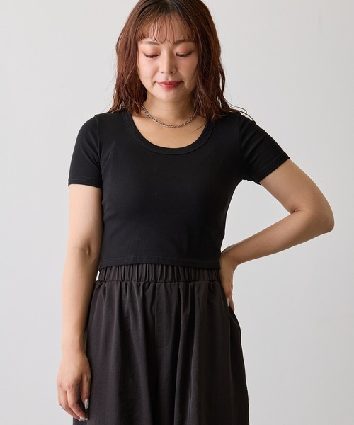 H.TOKYO（エイチトウキョウ）の「リブUネックショートスリーブTシャツ（Tシャツ/カットソー・レディース・ブルー/ピンク/ホワイト/ブラック・FREE）」の2枚目の写真