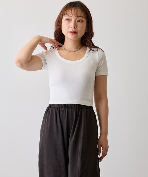 H.TOKYO（エイチトウキョウ）の「リブUネックショートスリーブTシャツ（Tシャツ/カットソー・レディース・ブルー/ピンク/ホワイト/ブラック・FREE）」の6枚目の写真