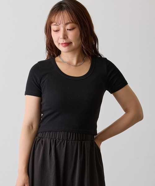 H.TOKYO（エイチトウキョウ）の「リブUネックショートスリーブTシャツ（Tシャツ/カットソー・レディース・ブルー/ピンク/ホワイト/ブラック・FREE）」の7枚目の写真