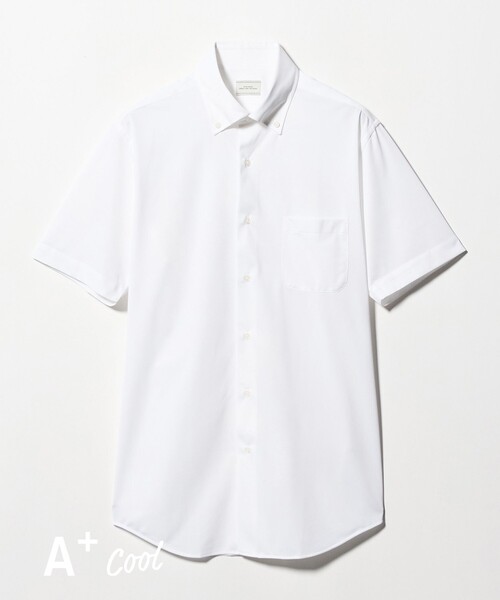 green label relaxing(グリーンレーベルリラクシング)の「A+ COOL Pトリコット シャドーストライプ スタンダード ボタンダウン 半袖 ドレスシャツ -ストレッチ・イージーアイロン・接触冷感・吸水速乾-(ビジネスシャツ・メンズ・ホワイト/ライトブルー・XL/L/S/M)」の1枚目の写真