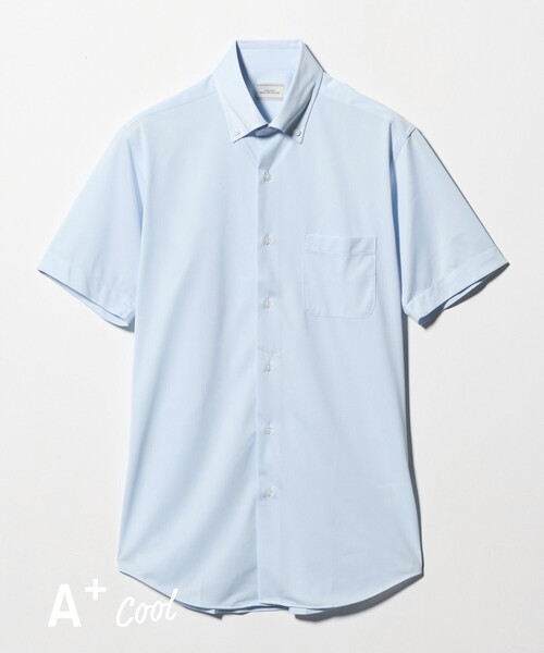 green label relaxing(グリーンレーベルリラクシング)の「A+ COOL Pトリコット シャドーストライプ スタンダード ボタンダウン 半袖 ドレスシャツ -ストレッチ・イージーアイロン・接触冷感・吸水速乾-(ビジネスシャツ・メンズ・ホワイト/ライトブルー・XL/L/S/M)」の2枚目の写真