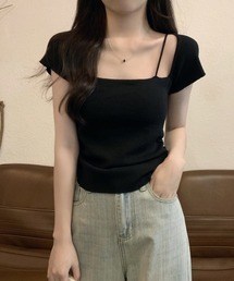 レイヤード風キャミドッキングトップス ダブルストラップニット