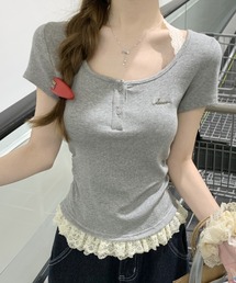 スクエアネック レース切替 ホルターネック 半袖Tシャツ