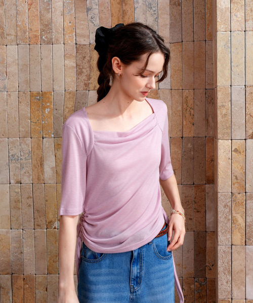 PIGMENT（ピグメント）の「[AIR]シャーリングクール7部Tシャツ (YZTS2603029)（Tシャツ/カットソー・レディース・ピンク/ブラウン/ホワイト・FREE）」の4枚目の写真