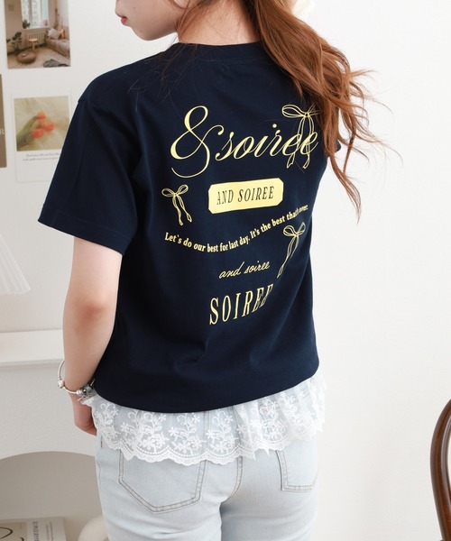 &soiree(アンドソワレ)の「&soiree 【シルエット選べる2サイズ】ロゴデザインリボンTシャツ 半袖(Tシャツ/カットソー・レディース・ピンク/ホワイト/ネイビー・F/M)」の14枚目の写真