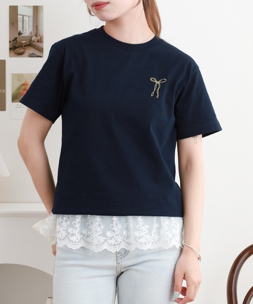 &soiree(アンドソワレ)の「&soiree 【シルエット選べる2サイズ】ロゴデザインリボンTシャツ 半袖(Tシャツ/カットソー・レディース・ピンク/ホワイト/ネイビー・F/M)」の21枚目の写真