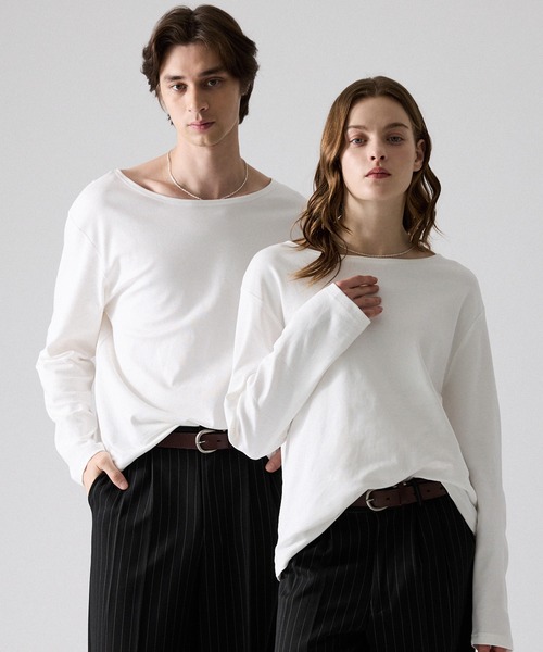 CLEL(クレイル)の「【CLEL】Giza Cotton Boat-Neck T-Shirt / ギザコットン ボートネックTシャツ(ロンT/吸水速乾)(Tシャツ/カットソー・メンズ・グレー系1/ホワイト/ブラック/グレー系・XS/L/M/S)」の2枚目の写真