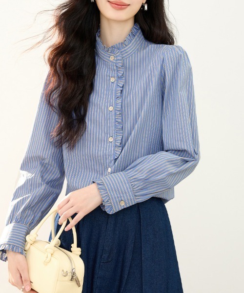 ONEP STAR（ワンピスター）の「ストライプ柄フリルスタンドカラー長袖ブラウス（シャツ/ブラウス・レディース・ストライプ・LARGE/MEDIUM/X-LARGE）」の8枚目の写真