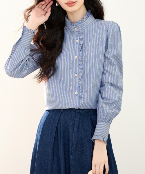 ONEP STAR（ワンピスター）の「ストライプ柄フリルスタンドカラー長袖ブラウス（シャツ/ブラウス・レディース・ストライプ・LARGE/MEDIUM/X-LARGE）」の10枚目の写真