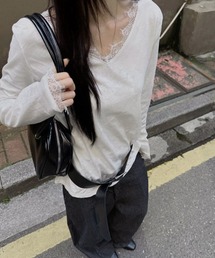 レース長袖トップスVネックカットソー秋服