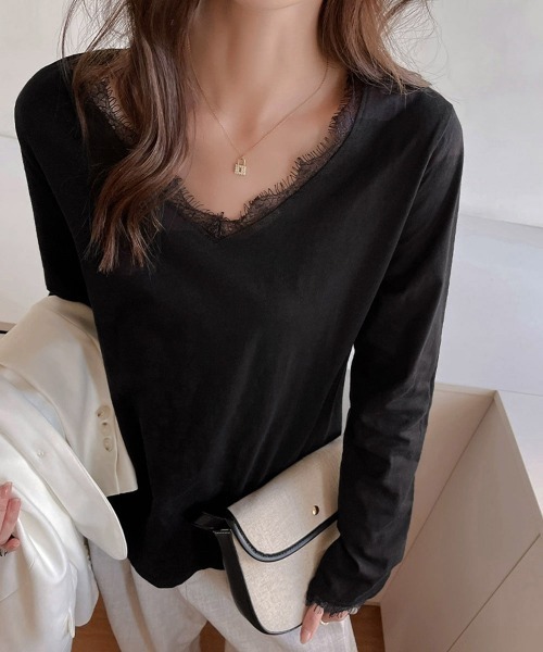Miniministore（ミニミニストア）の「レース長袖トップスVネックカットソー秋服（Tシャツ/カットソー・レディース・ホワイト/ブラック・FREE）」の3枚目の写真