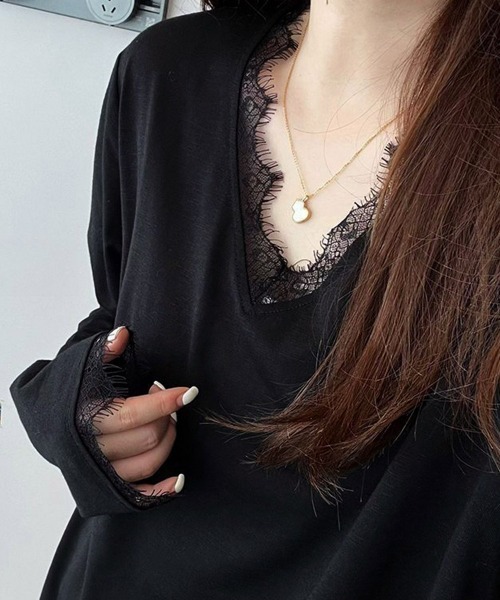 Miniministore（ミニミニストア）の「レース長袖トップスVネックカットソー秋服（Tシャツ/カットソー・レディース・ホワイト/ブラック・FREE）」の4枚目の写真