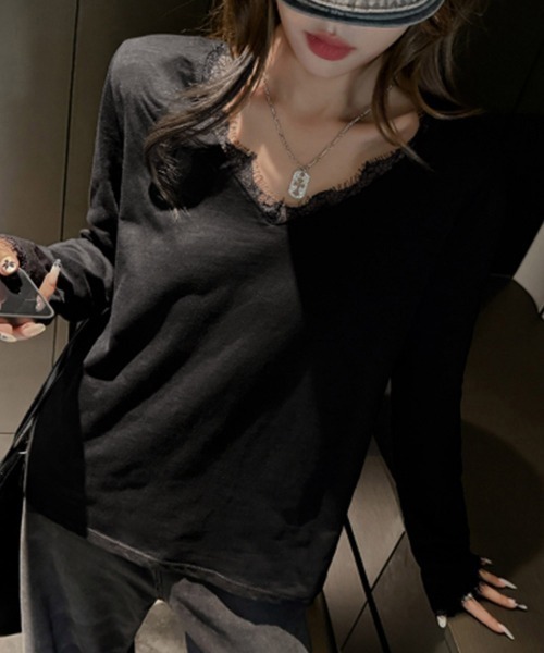 Miniministore（ミニミニストア）の「レース長袖トップスVネックカットソー秋服（Tシャツ/カットソー・レディース・ホワイト/ブラック・FREE）」の5枚目の写真
