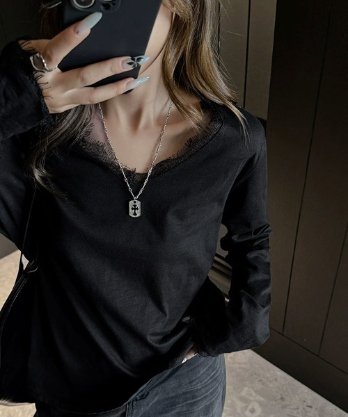 Miniministore（ミニミニストア）の「レース長袖トップスVネックカットソー秋服（Tシャツ/カットソー・レディース・ホワイト/ブラック・FREE）」の6枚目の写真