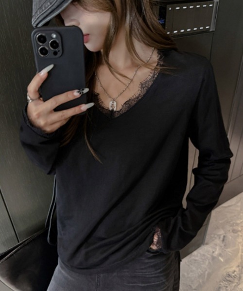 Miniministore（ミニミニストア）の「レース長袖トップスVネックカットソー秋服（Tシャツ/カットソー・レディース・ホワイト/ブラック・FREE）」の7枚目の写真