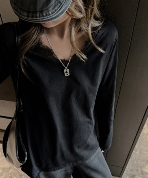 Miniministore（ミニミニストア）の「レース長袖トップスVネックカットソー秋服（Tシャツ/カットソー・レディース・ホワイト/ブラック・FREE）」の8枚目の写真