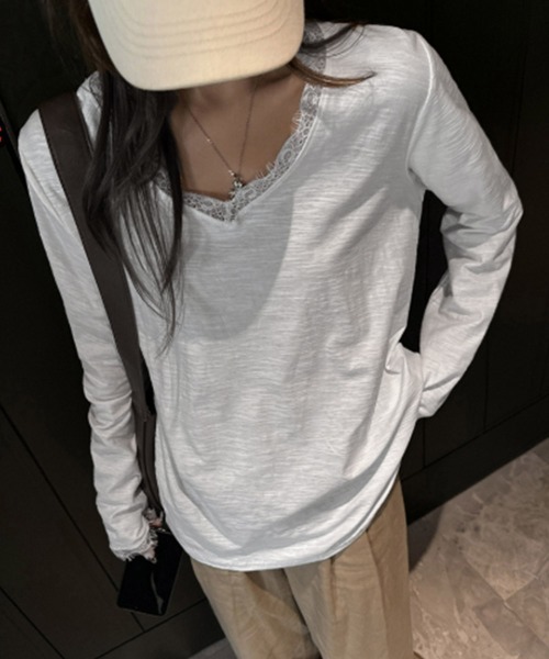 Miniministore（ミニミニストア）の「レース長袖トップスVネックカットソー秋服（Tシャツ/カットソー・レディース・ホワイト/ブラック・FREE）」の10枚目の写真