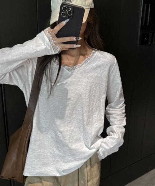 Miniministore（ミニミニストア）の「レース長袖トップスVネックカットソー秋服（Tシャツ/カットソー・レディース・ホワイト/ブラック・FREE）」の11枚目の写真