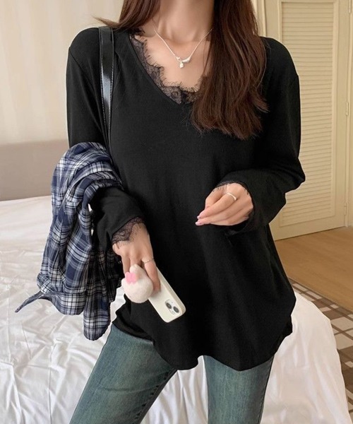 Miniministore（ミニミニストア）の「レース長袖トップスVネックカットソー秋服（Tシャツ/カットソー・レディース・ホワイト/ブラック・FREE）」の14枚目の写真