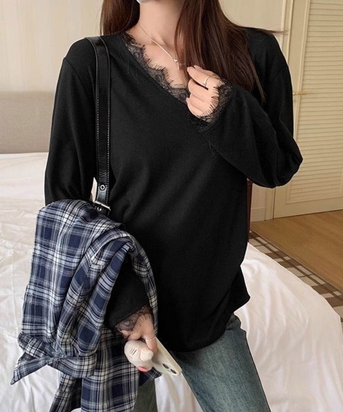 Miniministore（ミニミニストア）の「レース長袖トップスVネックカットソー秋服（Tシャツ/カットソー・レディース・ホワイト/ブラック・FREE）」の15枚目の写真