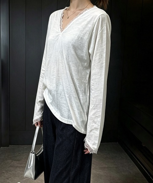 Miniministore（ミニミニストア）の「レース長袖トップスVネックカットソー秋服（Tシャツ/カットソー・レディース・ホワイト/ブラック・FREE）」の19枚目の写真