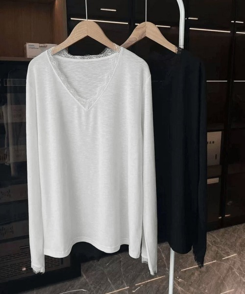 Miniministore（ミニミニストア）の「レース長袖トップスVネックカットソー秋服（Tシャツ/カットソー・レディース・ホワイト/ブラック・FREE）」の21枚目の写真