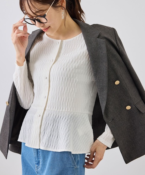 ROPE' PICNIC(ロペピクニック)の「カットジャガードペプラムカーディガントップス/前後2WAY(Tシャツ/カットソー・レディース・ブラック/オフホワイト/サックスブルー・FREE)」の2枚目の写真