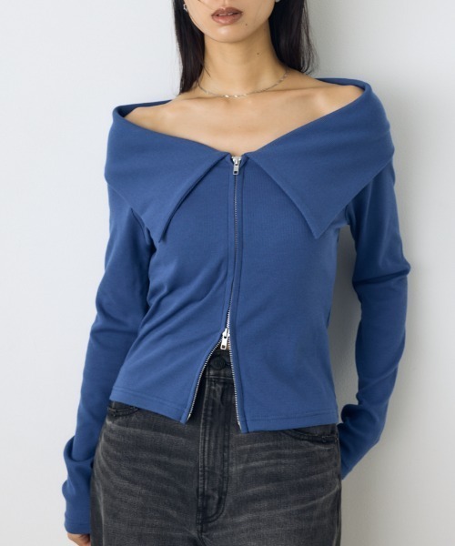 AZUL by moussy(アズールバイマウジー)の「ダブルジップオフショル長袖トップス 秋服 春服 リブカットソー ダブルジップ デザイントップス(Tシャツ/カットソー・レディース・ブラック/ダークブルー/グレー系その他4・FREE)」の3枚目の写真
