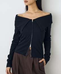 ダブルジップオフショル長袖トップス 秋服 春服 リブカットソー ダブルジップ デザイントップス