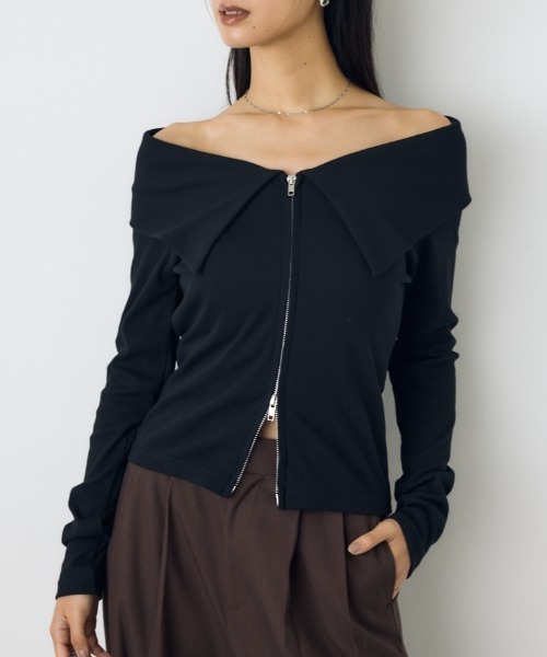 AZUL by moussy(アズールバイマウジー)の「ダブルジップオフショル長袖トップス 秋服 春服 リブカットソー ダブルジップ デザイントップス(Tシャツ/カットソー・レディース・ブラック/ダークブルー/グレー系その他4・FREE)」の1枚目の写真
