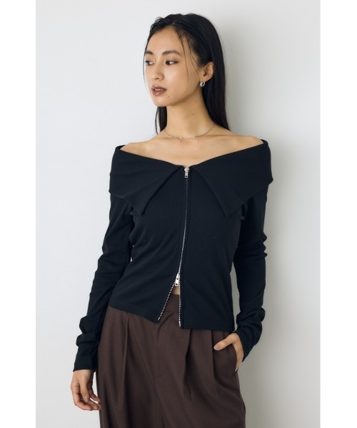 AZUL by moussy(アズールバイマウジー)の「ダブルジップオフショル長袖トップス 秋服 春服 リブカットソー ダブルジップ デザイントップス(Tシャツ/カットソー・レディース・ブラック/ダークブルー/グレー系その他4・FREE)」の14枚目の写真