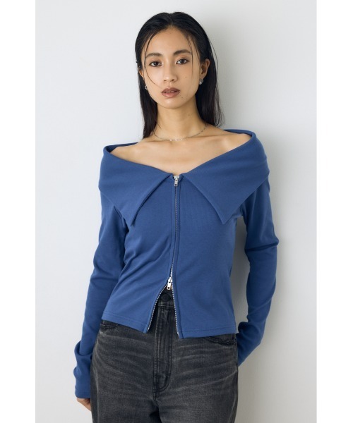 AZUL by moussy(アズールバイマウジー)の「ダブルジップオフショル長袖トップス 秋服 春服 リブカットソー ダブルジップ デザイントップス(Tシャツ/カットソー・レディース・ブラック/ダークブルー/グレー系その他4・FREE)」の7枚目の写真