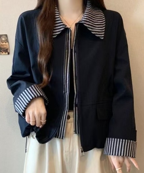AVYL(アヴィル)の「ストライプシャツドッキング ショートブルゾン(ブルゾン・レディース・ネイビー/ブラウン/アイボリー・M)」の1枚目の写真