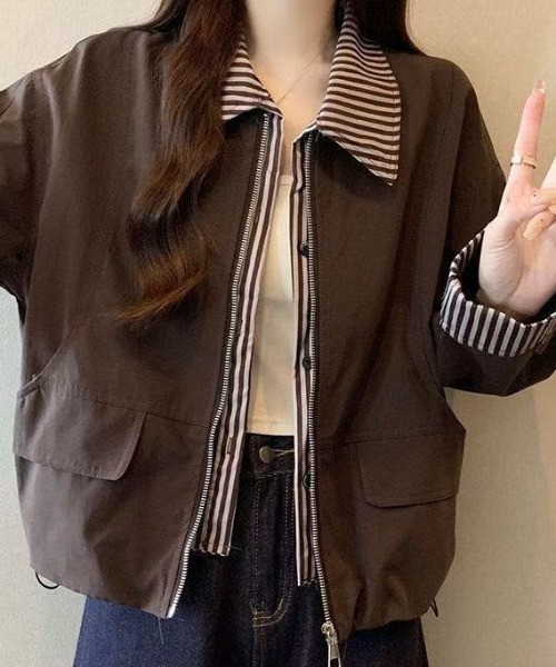 AVYL(アヴィル)の「ストライプシャツドッキング ショートブルゾン(ブルゾン・レディース・ネイビー/ブラウン/アイボリー・M)」の3枚目の写真