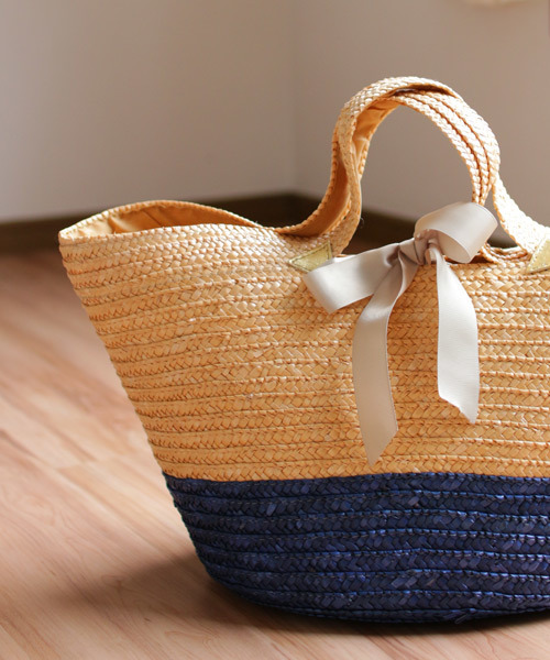 KOBE LETTUCE（コウベレタス）の「円形の大きなマチでたっぷり大容量！グログランリボン付き☆バイカラー丸底カゴバッグ/かごバッグ/トート/レディース/神戸レタス[B1029]（かごバッグ・レディース・ホワイト系その他/ブルー系その他/ブラック系その他/ブラック/グレー系その他/ピンク系その他・FREE）」の6枚目の写真