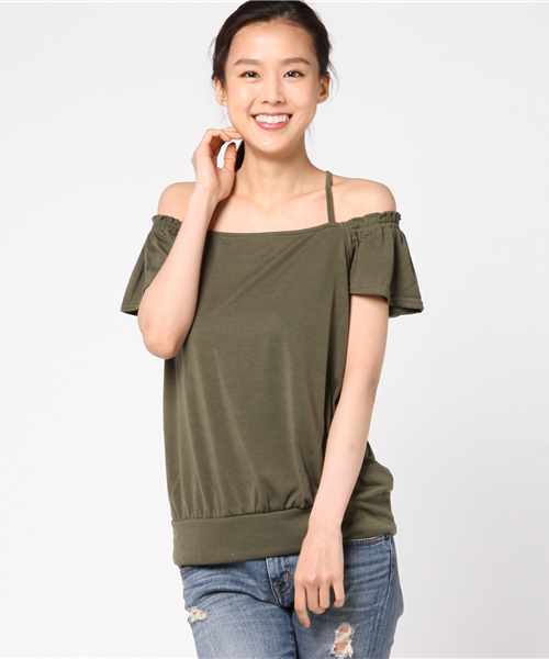 GeeRA（ジーラ）の「バッククロスオフショル２ＷＡＹトップス　  （Tシャツ/カットソー・レディース・オレンジ/カーキ/オフホワイト/ブラック/杢グレー・LARGE/MEDIUM/X-LARGE/SMALL）」の4枚目の写真