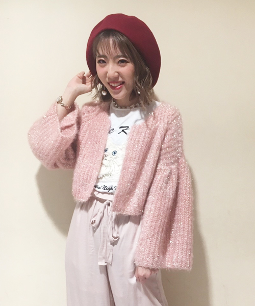 onespo（ワンスポ）の「ラメモヘアカーデ（カーディガン/ボレロ・レディース・ブラック/ピンク/イエロー/アイボリー・M）」の4枚目の写真