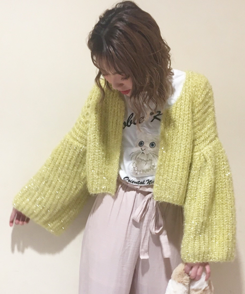 onespo（ワンスポ）の「ラメモヘアカーデ（カーディガン/ボレロ・レディース・ブラック/ピンク/イエロー/アイボリー・M）」の3枚目の写真