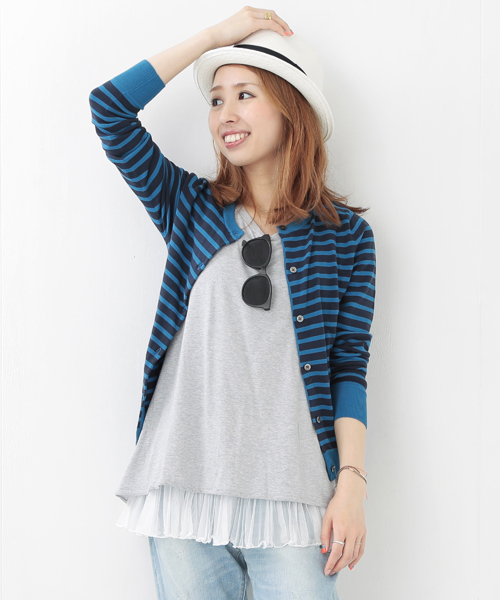 Ray BEAMS（レイビームス）の「○Ray BEAMS / ボーダークルーネックカーディガン（カーディガン/ボレロ・レディース・レッド/ブルー/ネイビー・ONE SIZE）」の3枚目の写真