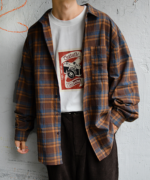 kutir（クティール）の「ヴィンテージチェックシャツ（シャツ/ブラウス・メンズ・ダークブラウン/ベージュ/ライトベージュ・MEDIUM/LARGE）」の7枚目の写真