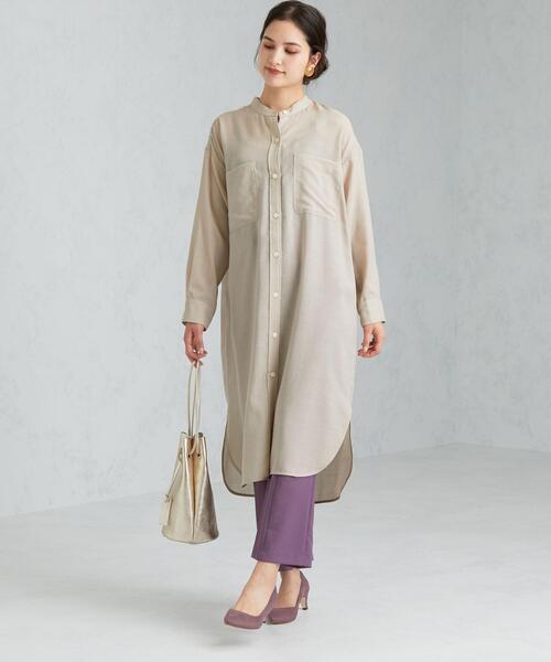 green label relaxing（グリーンレーベルリラクシング）の「FM ウーステッド ボイル シャツ ワンピース（ワンピース・レディース・オフホワイト/ブラウン/その他1/ブラック・FREE）」の2枚目の写真