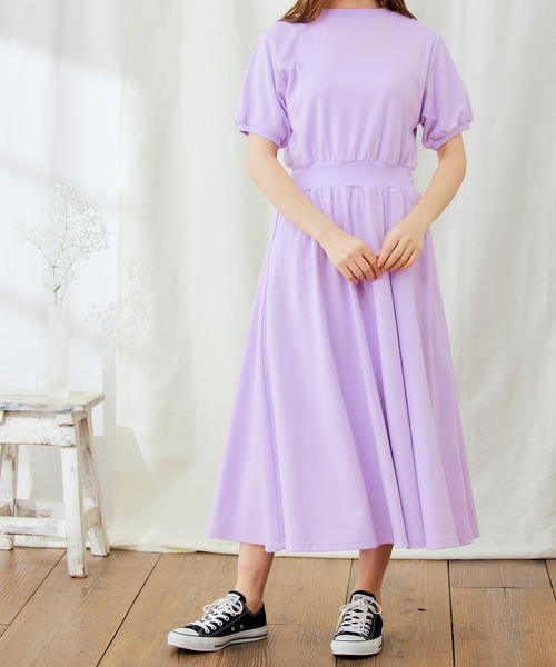 PURIL（ピュリル）の「【PURIL】パフスリーブ スウェット フレア半袖ワンピース（ワンピース・レディース・ベージュ/ネイビー/ブラック/パープル・L/S/XS/M）」の5枚目の写真