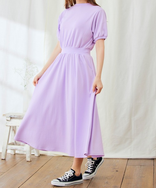 PURIL（ピュリル）の「【PURIL】パフスリーブ スウェット フレア半袖ワンピース（ワンピース・レディース・ベージュ/ネイビー/ブラック/パープル・L/S/XS/M）」の6枚目の写真