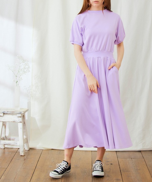 PURIL（ピュリル）の「【PURIL】パフスリーブ スウェット フレア半袖ワンピース（ワンピース・レディース・ベージュ/ネイビー/ブラック/パープル・L/S/XS/M）」の7枚目の写真